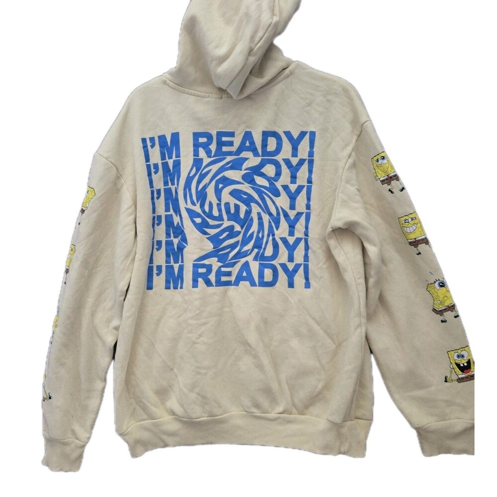 Spongebob Square Pants I'm Ready Hoodie Size Large L GUC Light Yellow - Picture 4 of 5